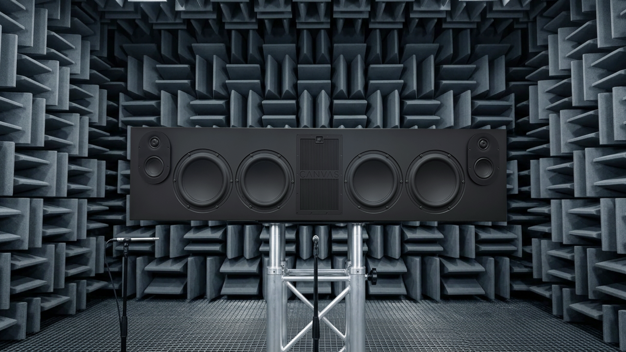 Canvas L soundbar uncovered in an audio testing room