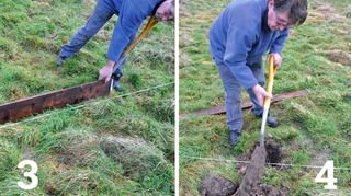 Side by side images. Left: laying down gravel board. Right: digging hole with spade
