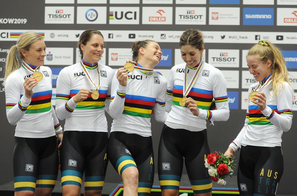 Team Australia's Annette Edmondson, Ashlee Ankudinoff, Georgia Baker, Amy Cue and Alexandra Manly celebrate their gold medal during the award ceremony after the Women's Team Pursuit