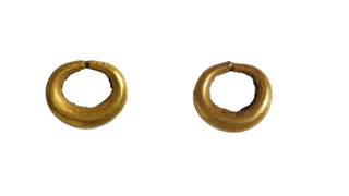 Two gold hoop earrings against a white background