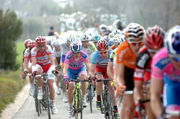 Race leader, Australia's Cadel Evans protected in the peloton enroute to Macerata.