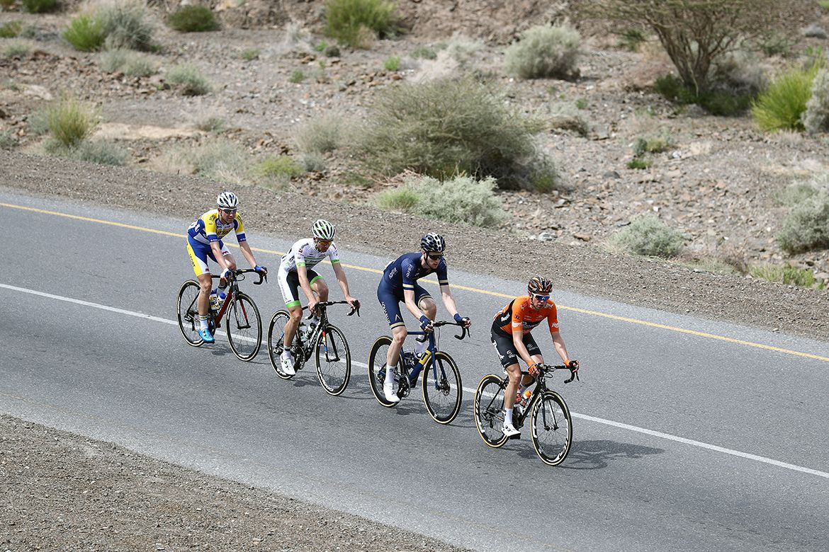 Maxime Farazijn (Sport Vlaanderen - Baloise), Pierre Luc Perichon (Fortuneo-Samsic), Conor Dunne (Aqua Blue Sport) and Brian Van Goethem (Roomport - Nederlandse Loterij) on the attack.