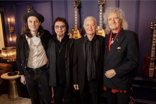 (from left to right) James Bay, Tony Iommi, Jimmy Page, and Brian May at the Gibson Garage London kickoff event on February 22, 2024