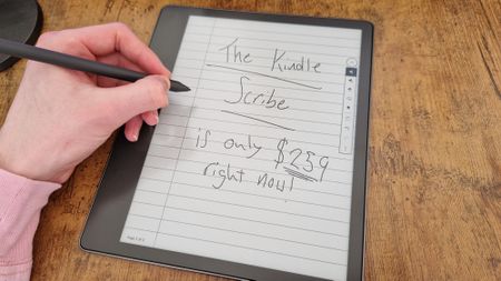 Kindle Scribe showing its price noted down on its digital notepad