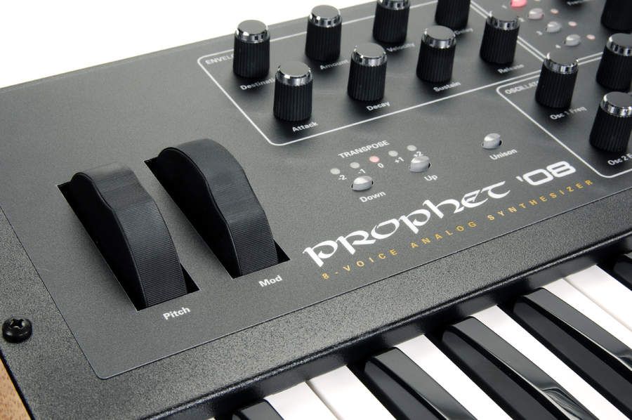 Putting the pitch and mod wheels above the keyboard has enabled DSI to keep the Prophet '08 compact