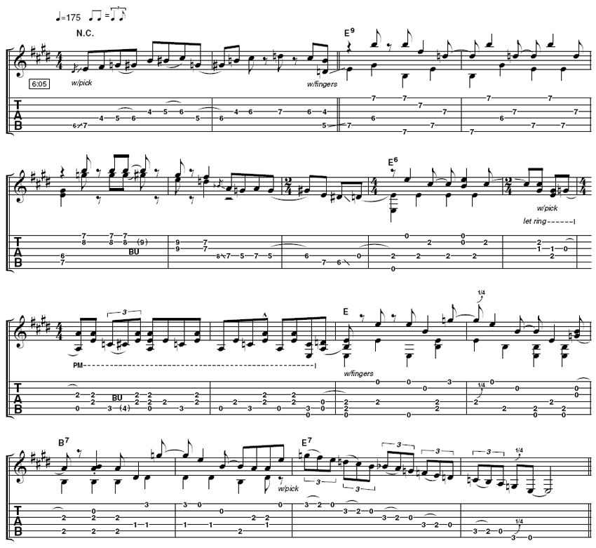 Here's the part that Brian plays in the video. If you're struggling with Brian's method for storing picks in between ﬁngerpicked and ﬂatpicked parts, experiment with different techniques until you ﬁnd one that's comfortable for you.