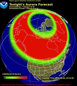 Prognoza Aurora na dzisiejszy wieczór pokazuje możliwą linię View Aurora i 23 stanów leżących nad nią, z możliwością zobaczenia dzisiejszych świateł północnych.