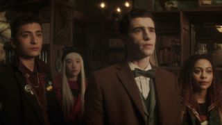(L to R) Jayden Revri as Charles Rowland, Yuyu Kitamura as Niko Sasaki, George Rexstrew as Edwin Payne, and Kassius Nelson as Crystal Palace in episode 4 of DEAD BOY DETECTIVES.