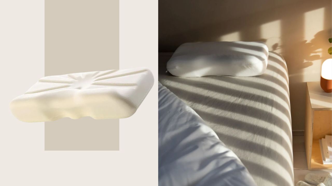 Back In Action Memory Foam pillow product shot and view of pillow on single bed with night stand and light