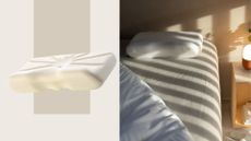 Back In Action Memory Foam pillow product shot and view of pillow on single bed with night stand and light