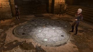 Baldur's Gate 3 moon puzzle - Astarion stands in the defiled temple looking at four dials on the ground representing stages of the moon