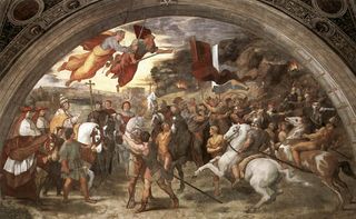 Raphael (1483-1520) painted "The Meeting between Leo the Great and Attila." According to legend, the miraculous apparition of Saints Peter and Paul armed with swords during the meeting between Pope Leo the Great and Attila in A.D. 452 persuaded the king of the Huns not to invade Italy.