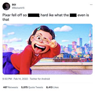 Screenshot of a tweet which read, 'Pixar fell off so hard, what even is that' alongside a screenshot of Turning Red showing main character Mei Lee