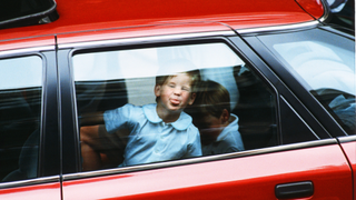 Princes William and Harry leaving hospital after visiting the Duchess of York and her daughter Princess Beatrice at Portland Hospital in 1988