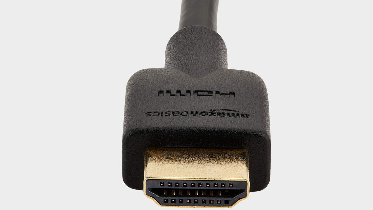 Amazon Basics HDMI cable with grey backdrop.
