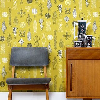 wallpaper wall and chair sideboard