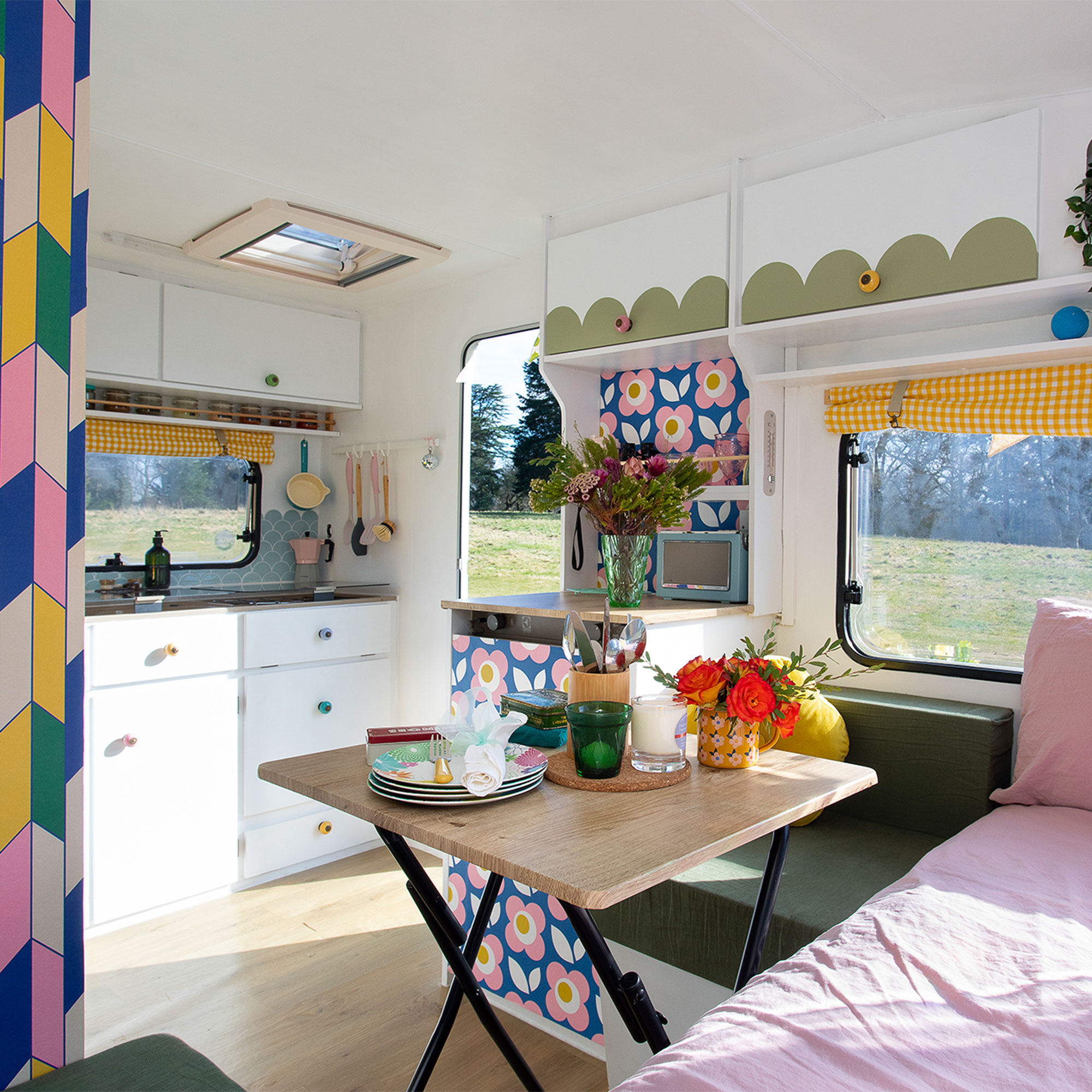 Caravan makeover with seating area and folding table
