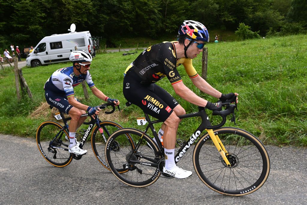 LARUNS FRANCE JULY 05 LR Julian Alaphilippe of France and Team Soudal Quick Step and Wout Van Aert of Belgium and Team JumboVisma compete during the stage five of the 110th Tour de France 2023 a 1627km stage from Pau to Laruns UCIWT on July 05 2023 in Laruns France Photo by Tim de WaeleGetty Images