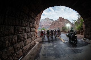 Larry H. Miller Tour of Utah - Stage 1 - Riders enter the 1.1 mile long tunnel cut through one of the mountains in Zion National Park