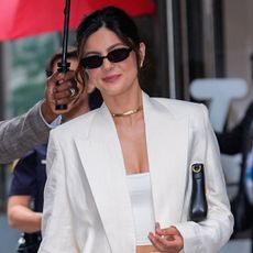 Monica Barbaro is spotted in NYC wearing an expensive Bulgari diamond choker necklace.