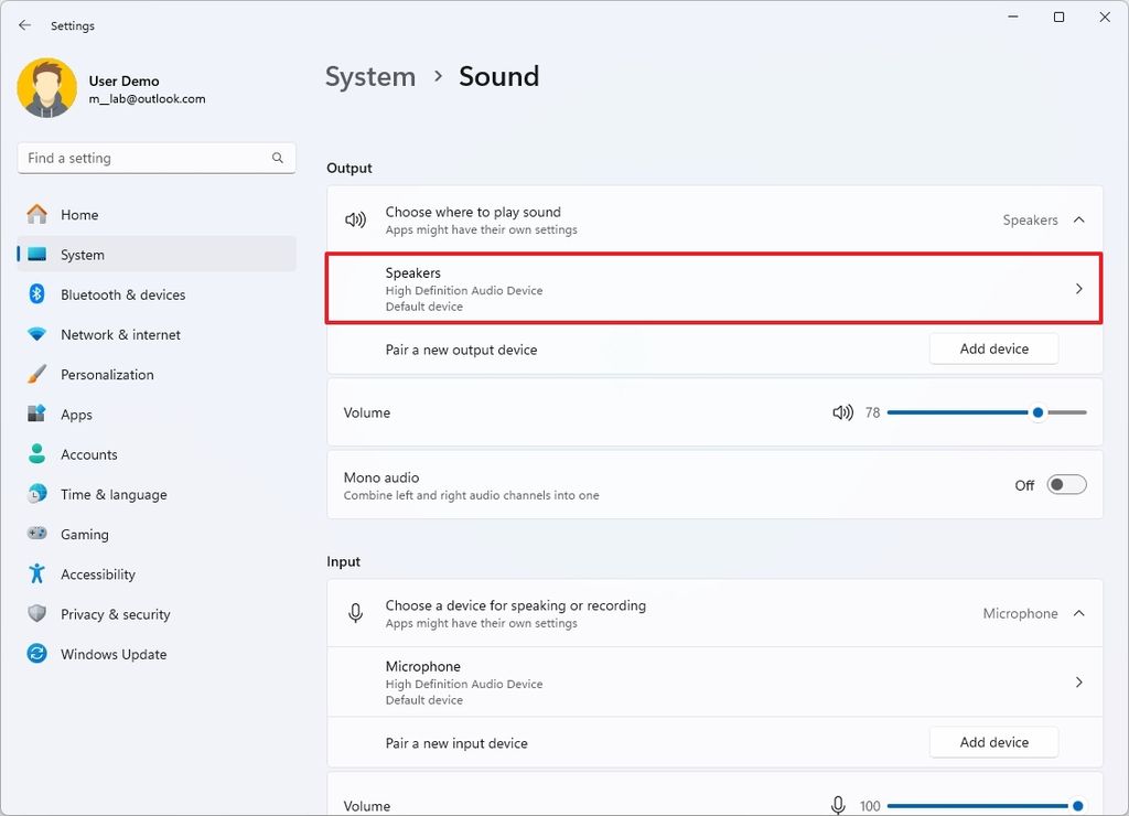 Open speakers Bluetooth device settings