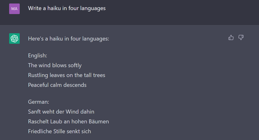 ChatGPT creates a haiku in four languages