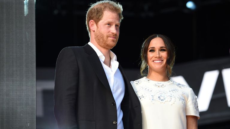Prince Harry, Duke of Sussex and Meghan, Duchess of Sussex speak onstage during Global Citizen Live, New York