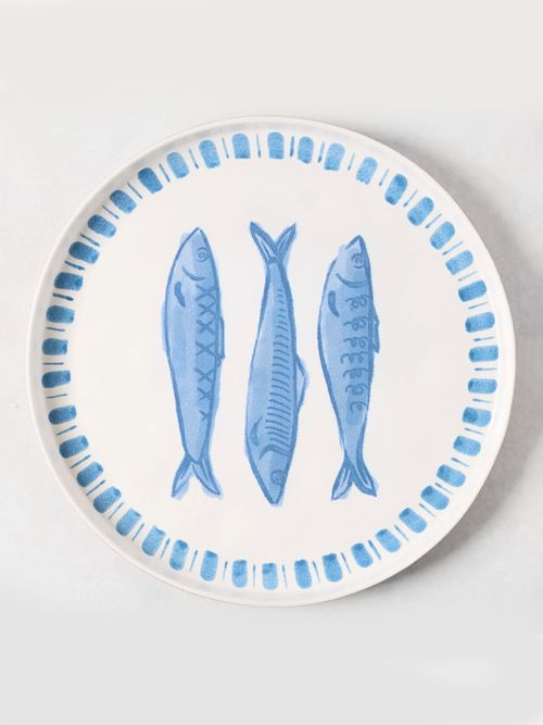 Painted Blue Sardine Terracotta Round Serving Platter