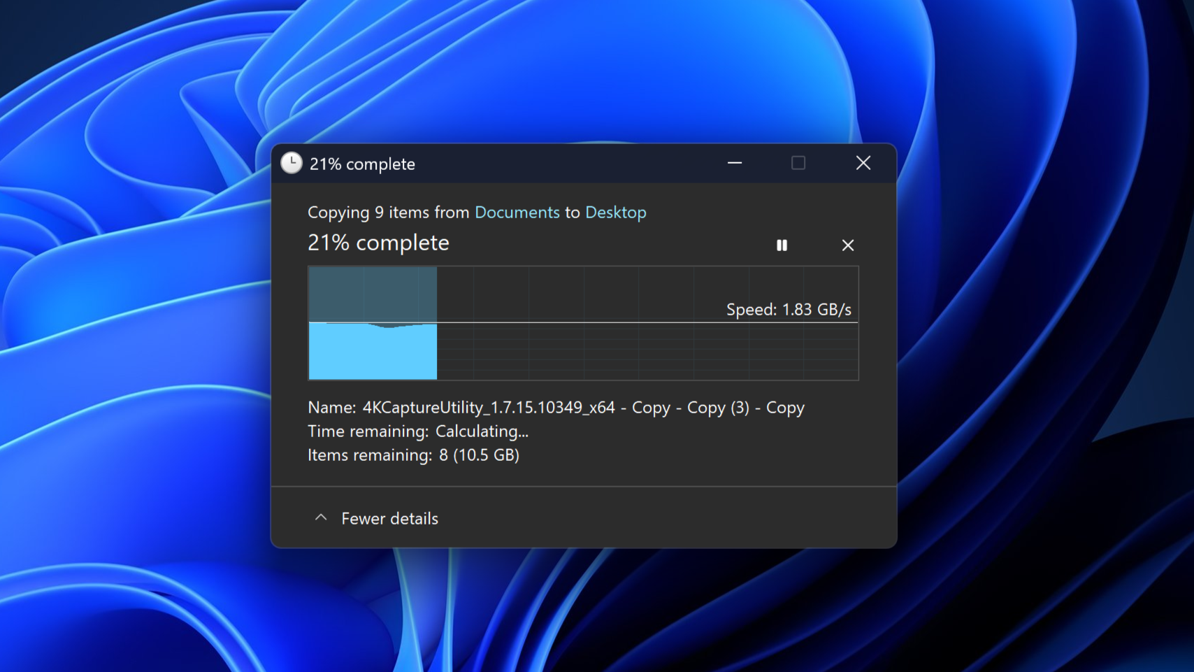 Windows 11 copy dialog with blue progress indicator