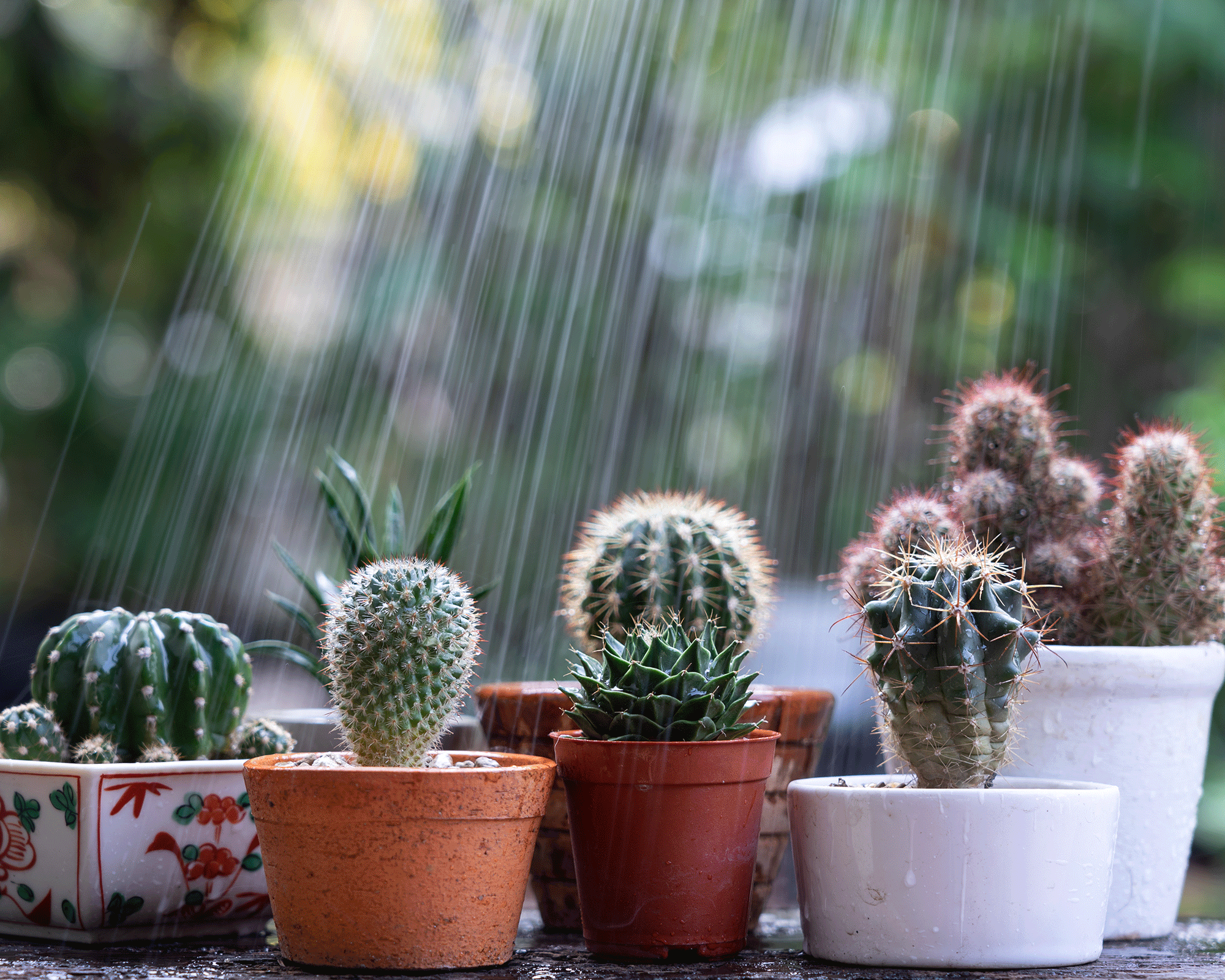pots of cactus in a water shower