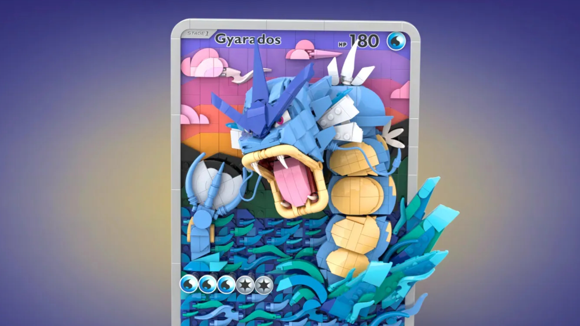 A 2.5D Lego Gyarados Pokemon card against a purple background