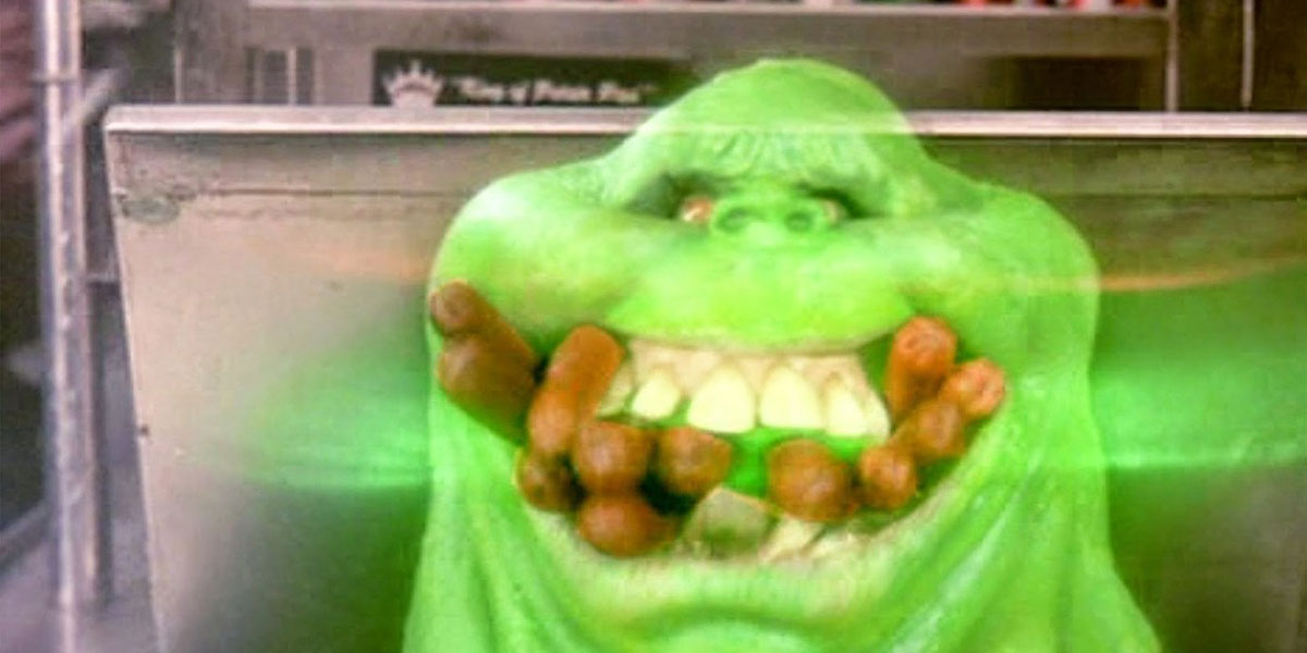 Slimer eating hot dogs.