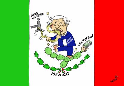 Political cartoon World Mexican drug cartel presidential election Andres Manuel Lopez Obrador