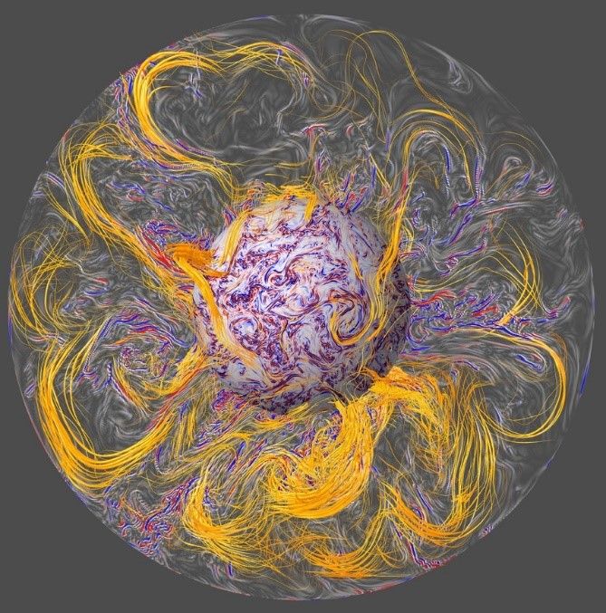 This visualization of Earth&#039;s core shows how turbulent waves (shown in red and blue) twist up the planet&#039;s magnetic field lines (orange) into pockets of intense activity. This mysterious phenomenon is called a geomagnetic jerk.