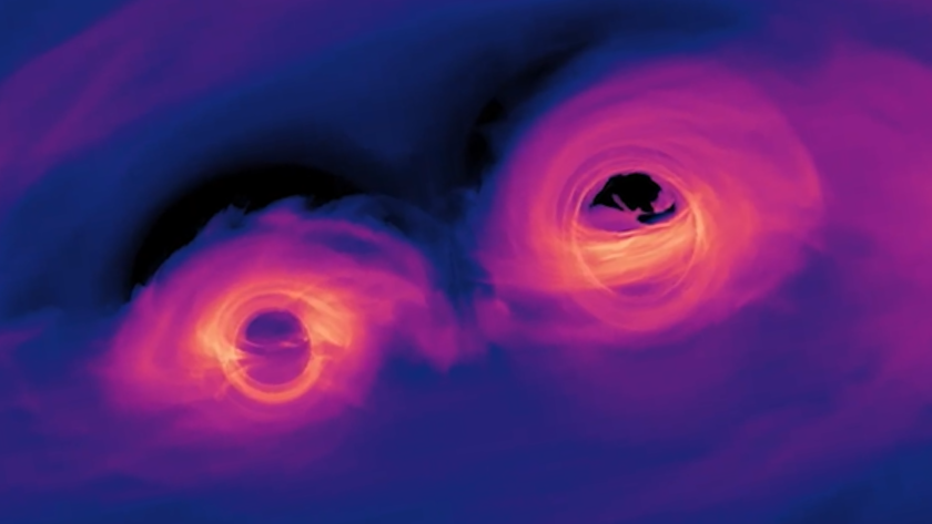 A screenshot from a simulation of colliding supermassive black holes