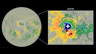 a wide field view of the sun's disk on the left with a close up view of the rule-breaking sunspot on the right, the blue region shows positive fields and the yellow and red show negative fields.