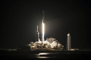 A SpaceX Falcon 9 rocket launches the Inspiration4 mission on a Crew Dragon spacecraft, from Launch Complex 39A at NASA's Kennedy Space Center in Florida.