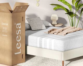 Leesa mattress sale bedroom with box beside bed