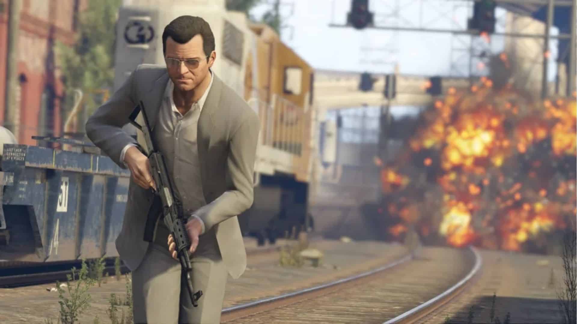 GTA 5, Michael runs away from an explosion. He is moving across train tracks.