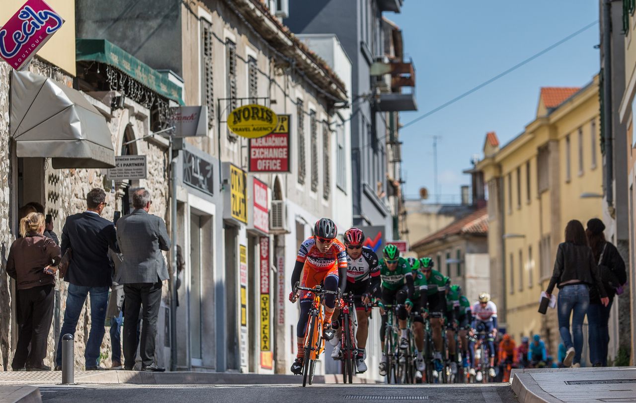 Riders lined out coming into town on stage 3 of the Tour of Croatia