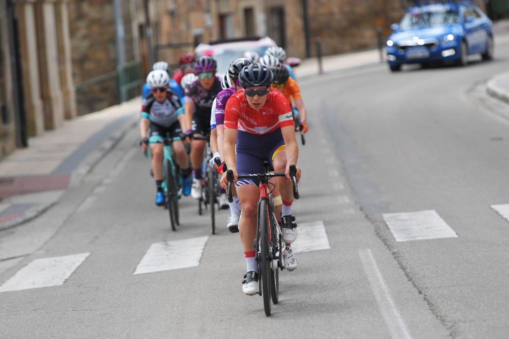 LAGUNAS DE NEILA SPAIN MAY 23 Elise Chabbey of Switzerland and Team Canyon SRAM Racing during the 6th Vuelta A Burgos Feminas 2021 Stage 4 a 1216km stage from Quintanar de la Sierra to Lagunas De Neila 1870m VueltaBurgos BurgosFem UCIWWT on May 23 2021 in Lagunas De Neila Spain Photo by Luc ClaessenGetty Images