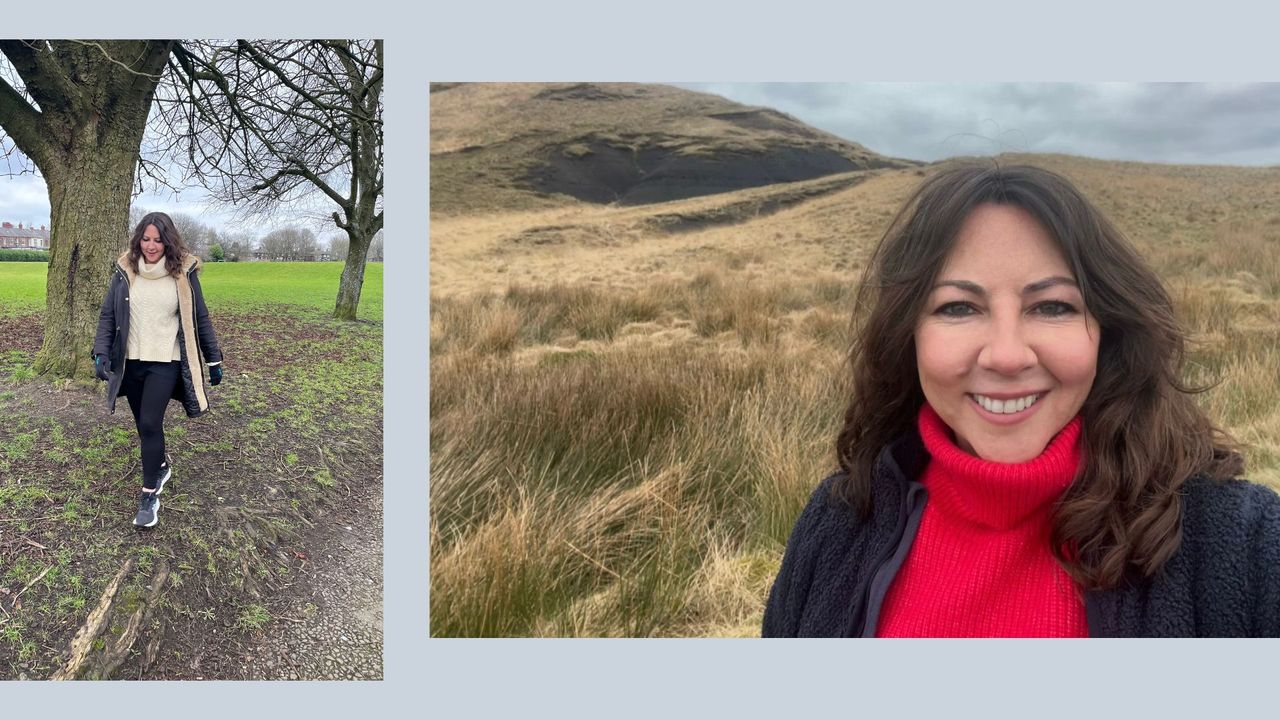 Susan Griffin selfie and action shot of walking after lunch through local park with trees in the background