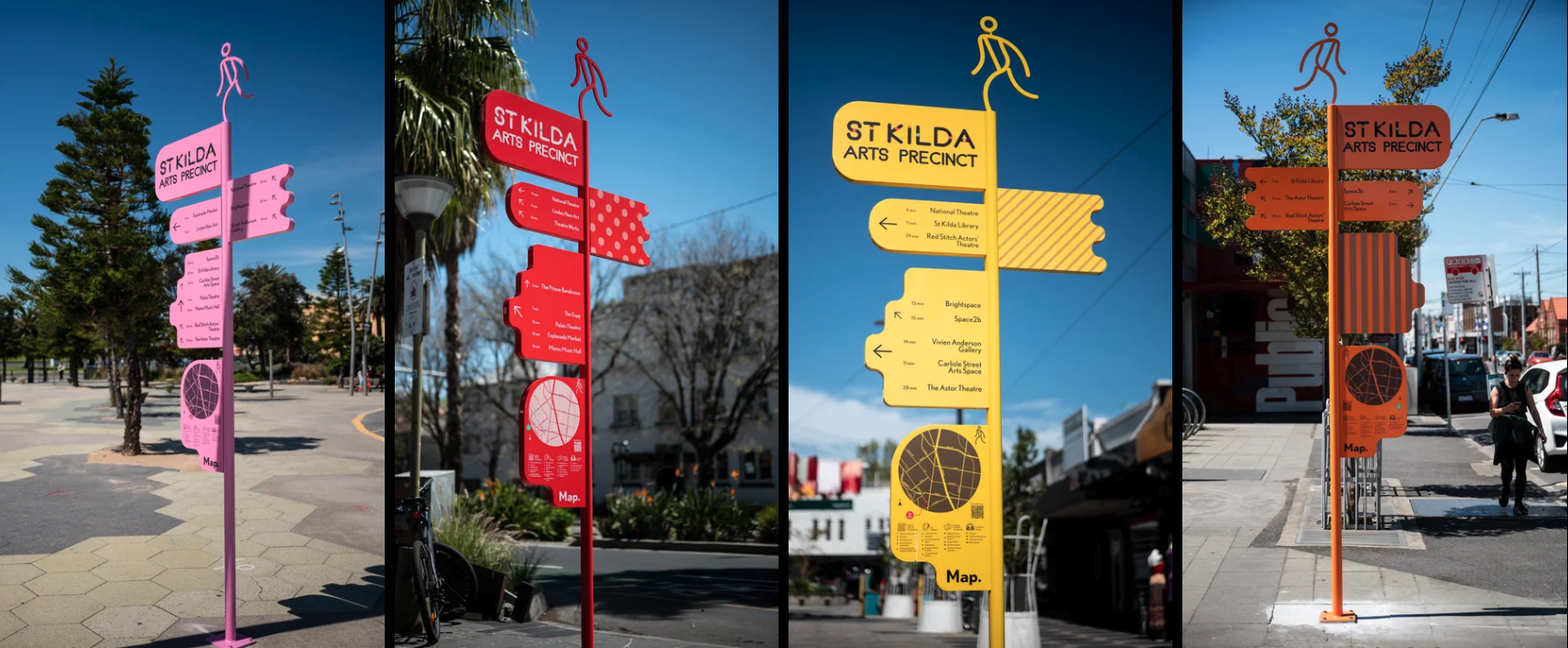wayfinding system for St Kilda district in bright colours, four different coloured signs