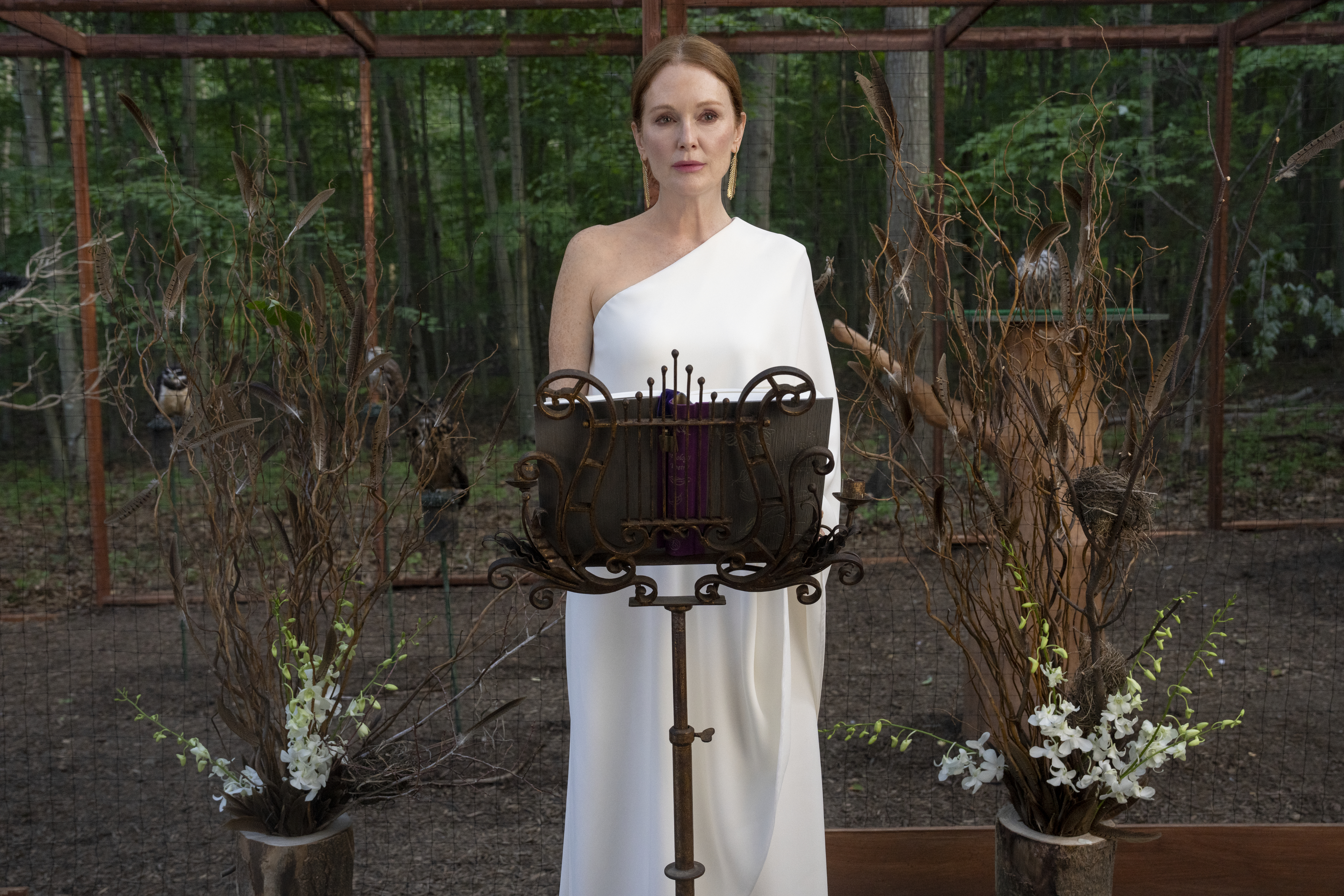 A woman (Julianne Moore) stands at a small lectern in front of trees and a wooden structure, in episode 102 of Sirens.