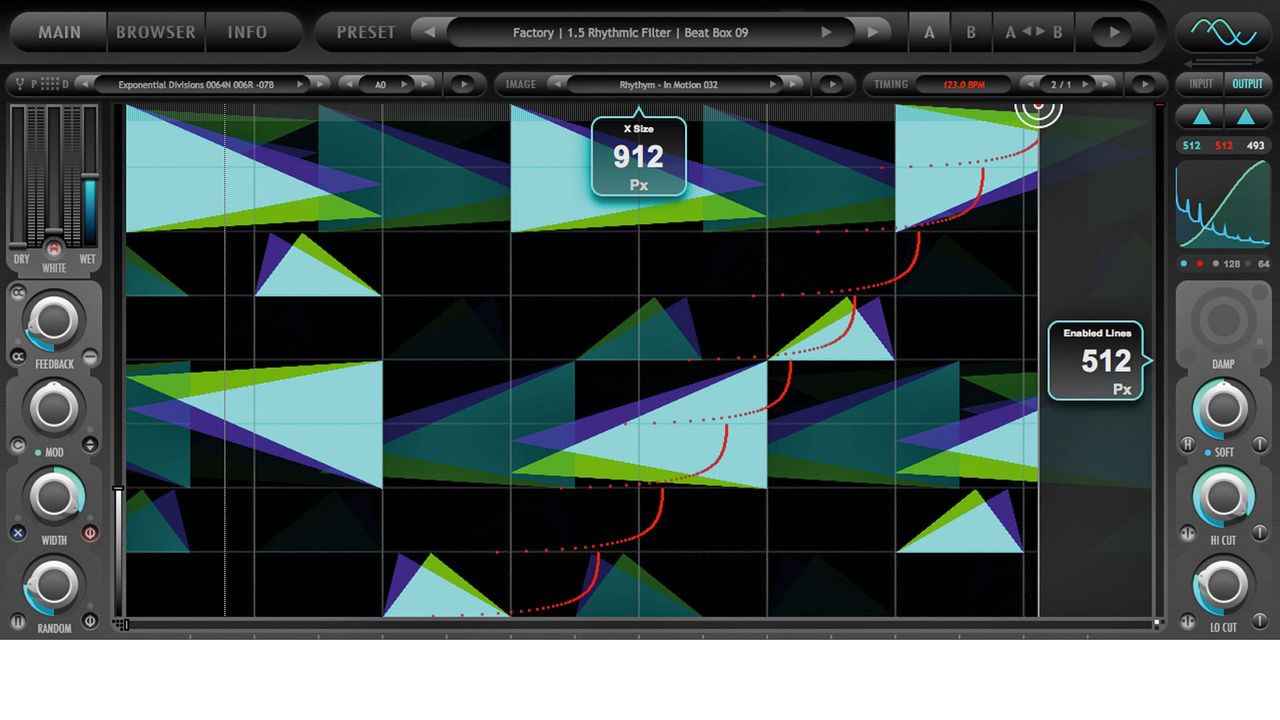 Two colours represent left and right channels, with overlaps denoting signals between the two