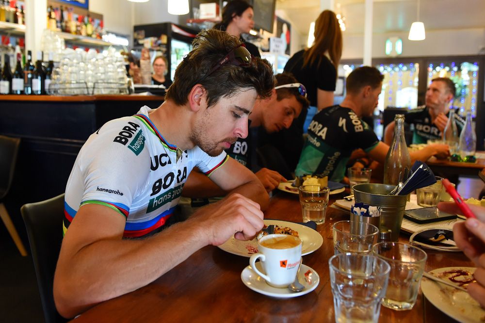 Peter Sagan (Bora-hansgrohe) enjoys his coffee stop during training