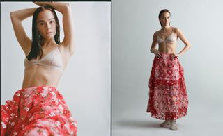 Base Range bra, $59; Simone Rocha skirt, upcycled by Atelier & Repairs, from the RealReal ReCollection 01, $1,295; Bernard James necklace, $1,650; Brother Vellies socks, $35