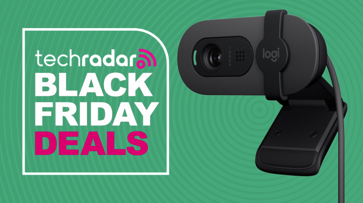 Logitech Brio 101 webcam on a green background next to a TechRadar badge reading 'Black Friday deals'