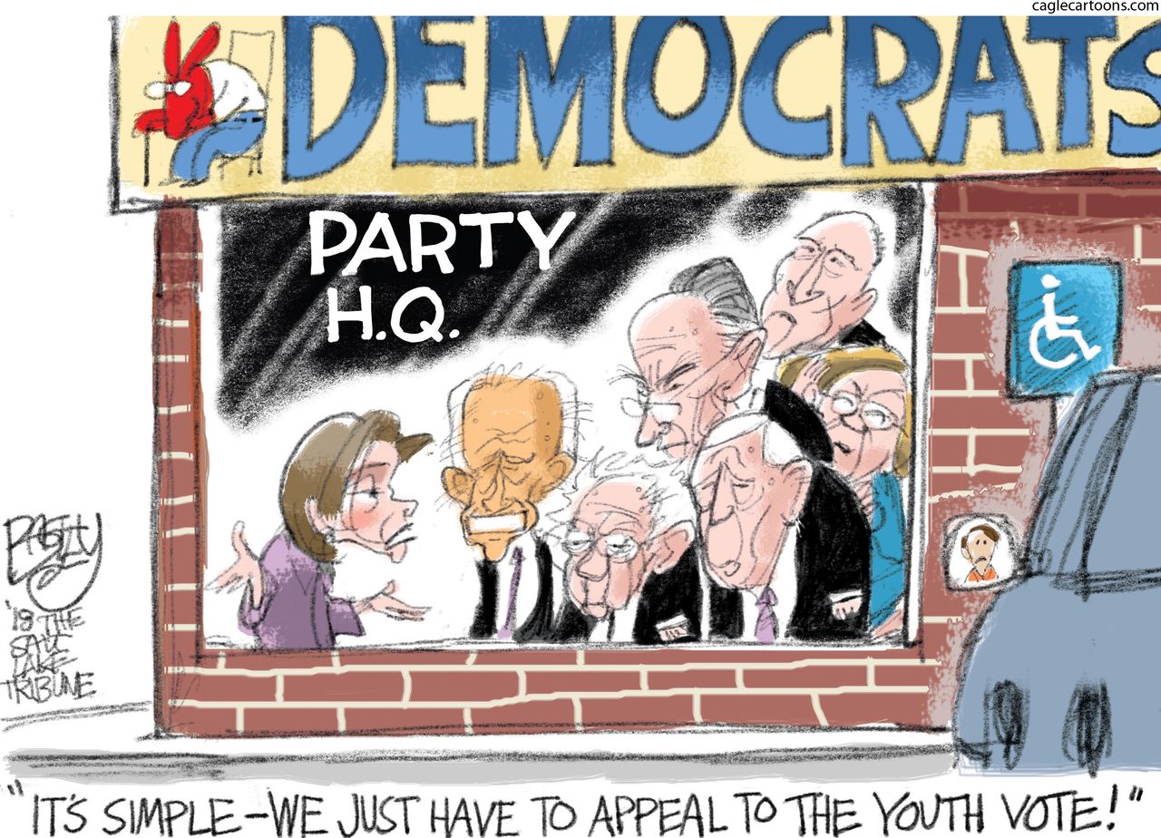 Political cartoon U.S. Democrats midterm elections Nancy Pelosi Joe Biden Elizabeth Warren Bernie Sanders