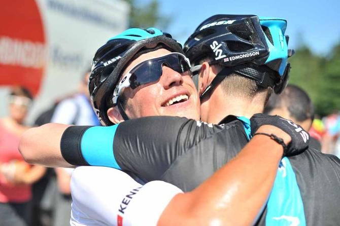 Peter Kennaugh congratulated by his teammates